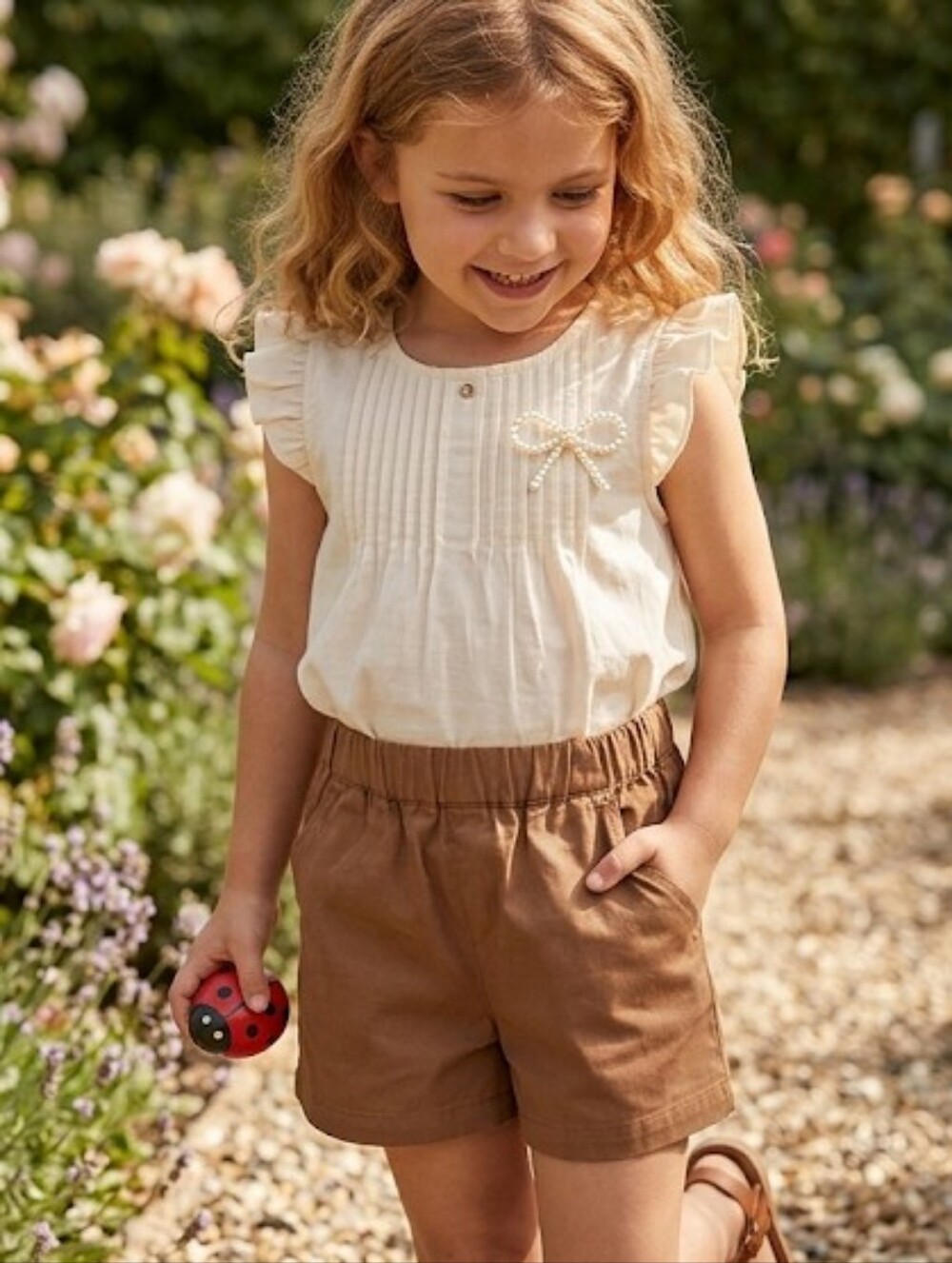Girls' Ruffle Sleeve Top with Pearl Bow & Shorts Set
